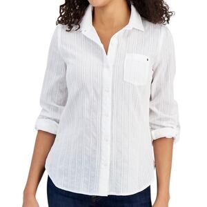 Tommy Hilfiger Women’s Textured Button Front Roll Tab Sleeve Top White Size L